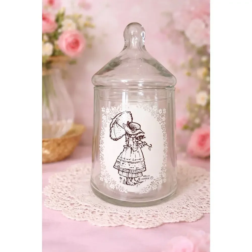 Vintage Holly Hobbie Glass Candy Tea Jar Cansiter Lid American Greetings